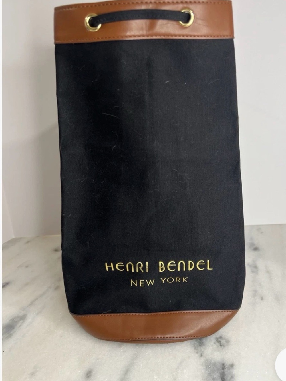 Henri Bendel Black Canvas & Brown Leather Drawstring Bag